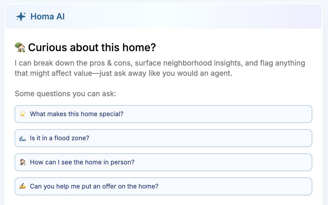 Homa AI assistant on listing page screenshot