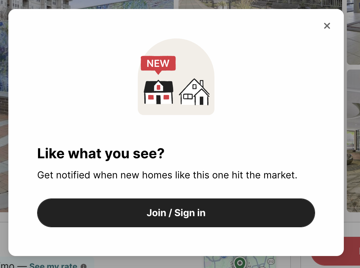 Redfin signup prompt modal screenshot